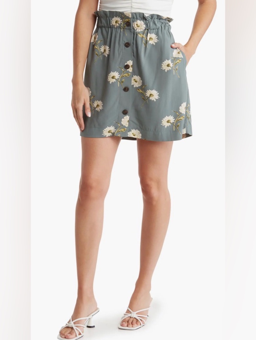 Madewell Paperbag Button Front Daisy Floral Mini Skirt Blue Gray Sz Small